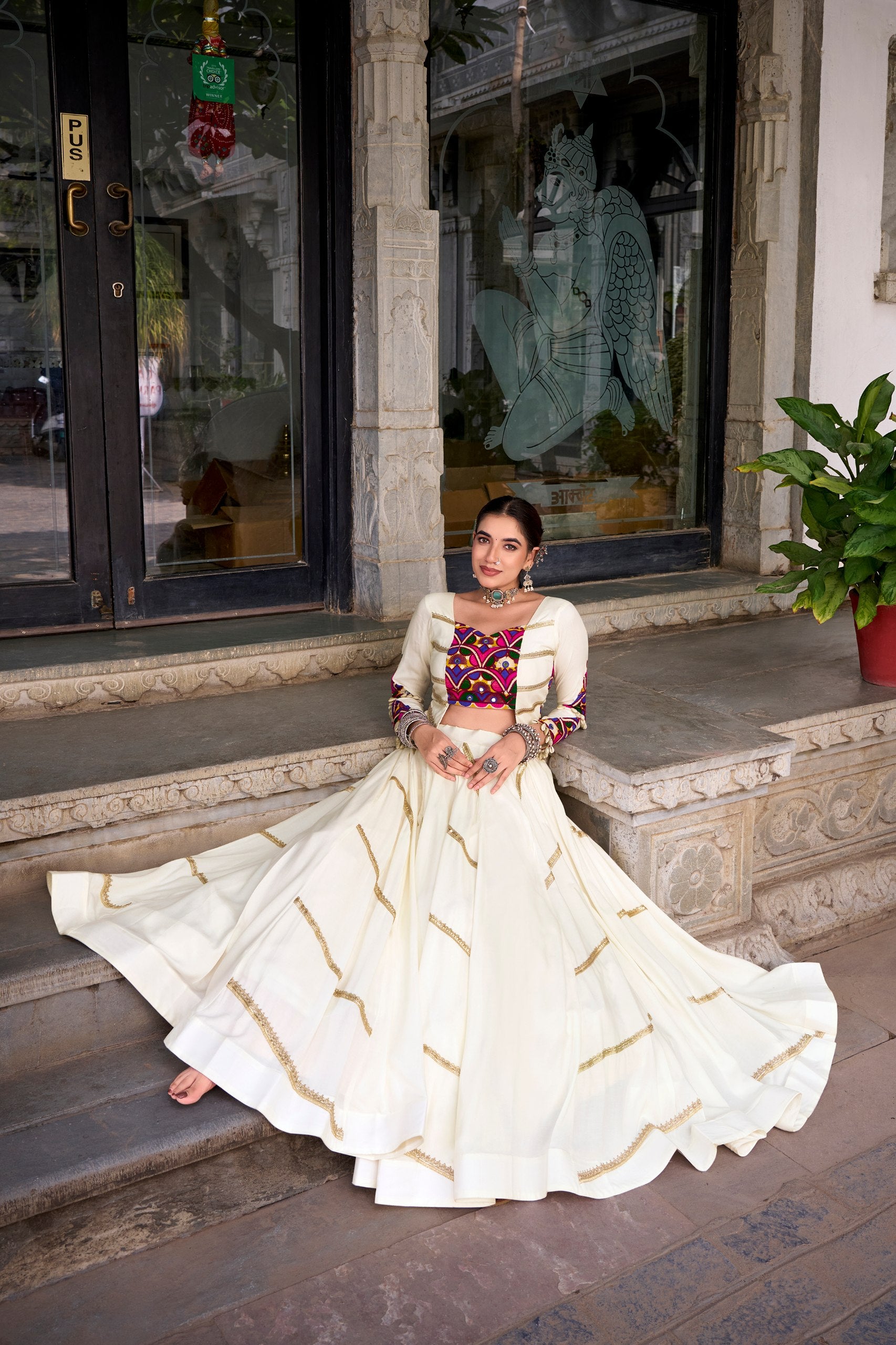 Womenline Ivory White Navratri Lehenga Choli Set with Multicolor Kutchi Work Blouse