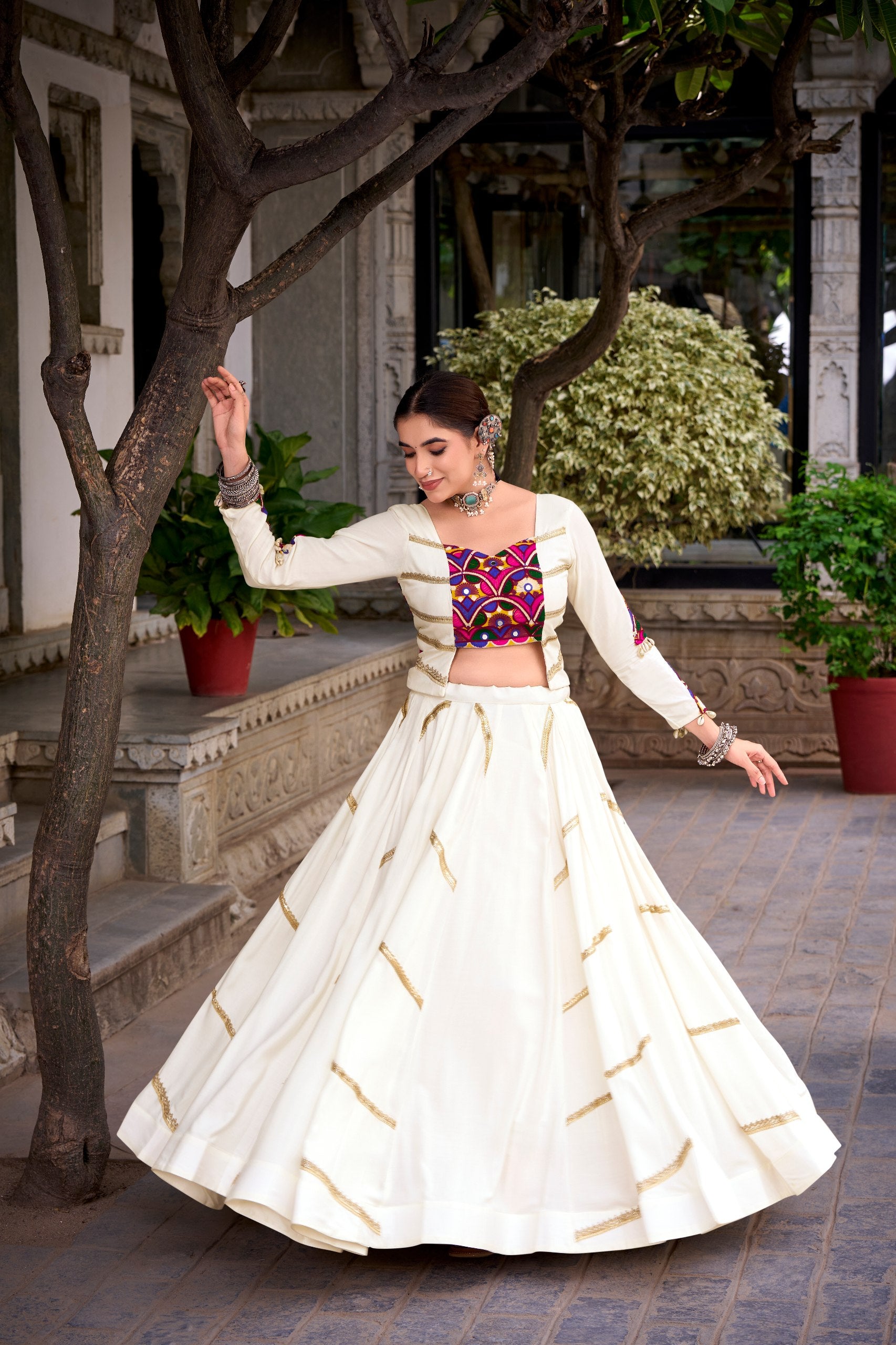 Womenline Ivory White Navratri Lehenga Choli Set with Multicolor Kutchi Work Blouse