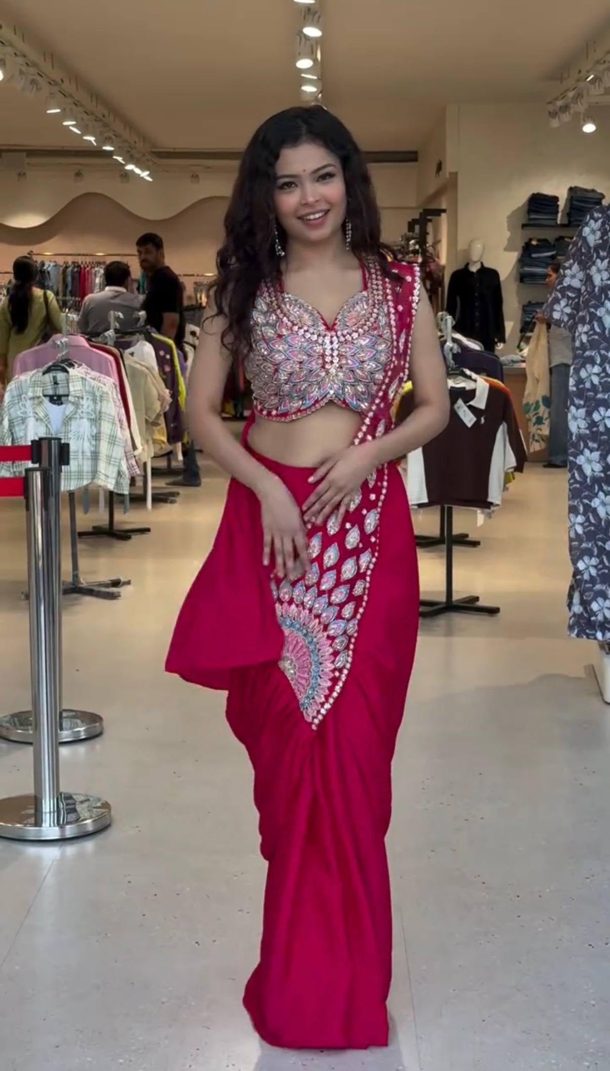 Womenline Hot Pink Pre-Draped Saree with Heavy Mirror & Sequin Embroidered Designer Blouse