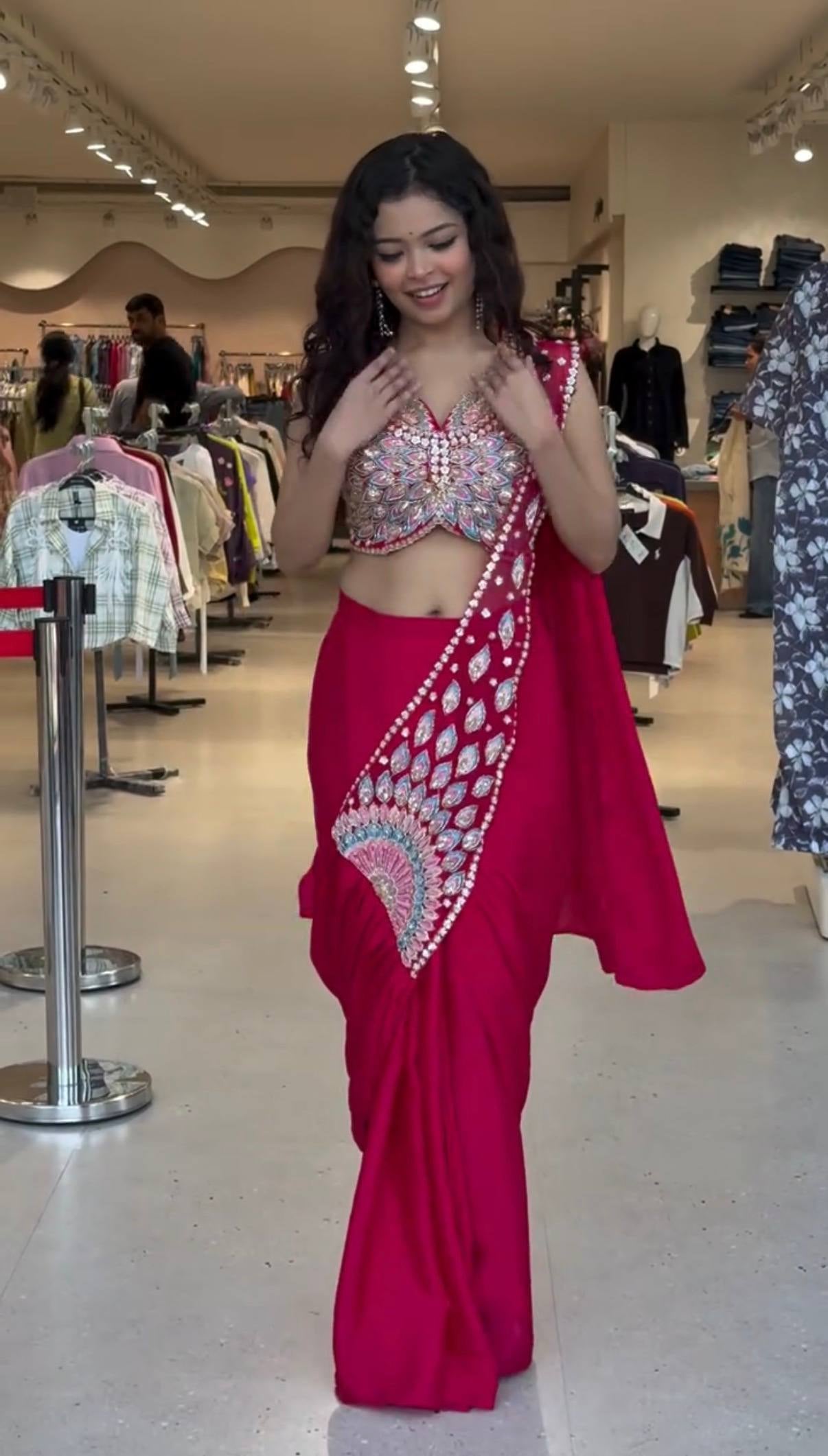 Womenline Hot Pink Pre-Draped Saree with Heavy Mirror & Sequin Embroidered Designer Blouse