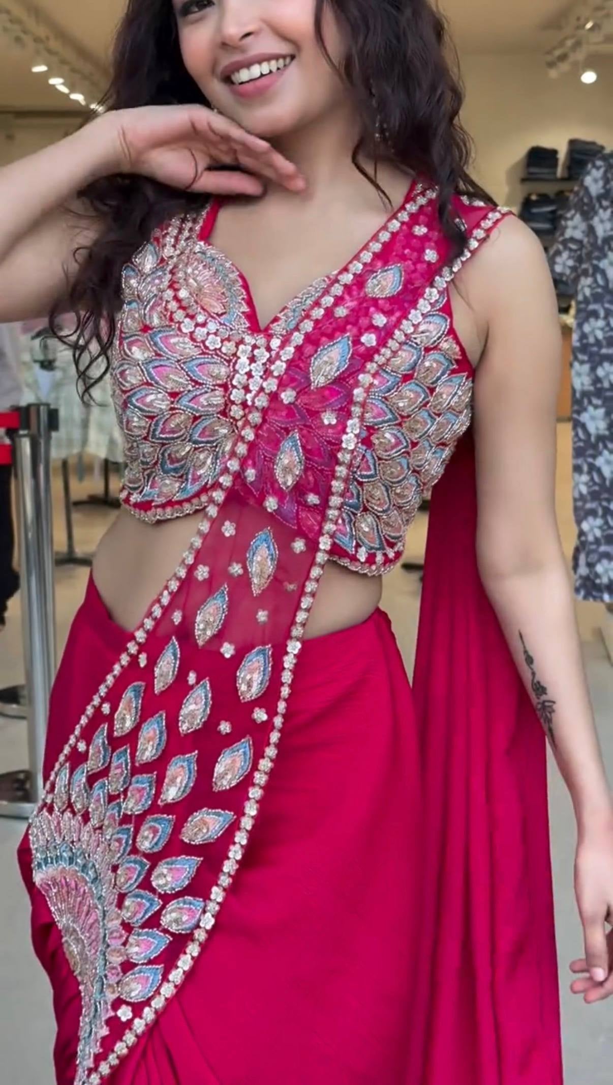 Womenline Hot Pink Pre-Draped Saree with Heavy Mirror & Sequin Embroidered Designer Blouse