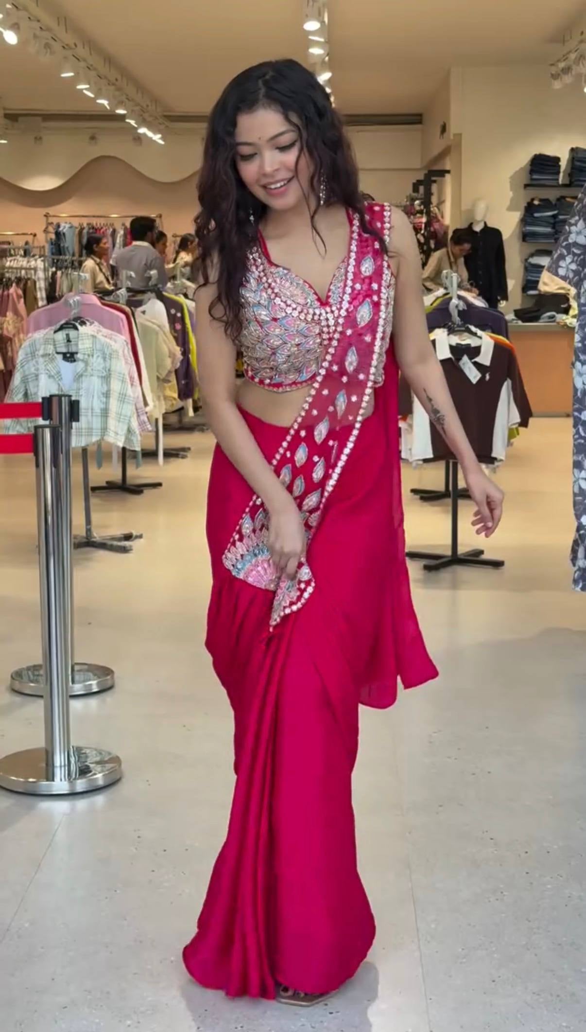 Womenline Hot Pink Pre-Draped Saree with Heavy Mirror & Sequin Embroidered Designer Blouse