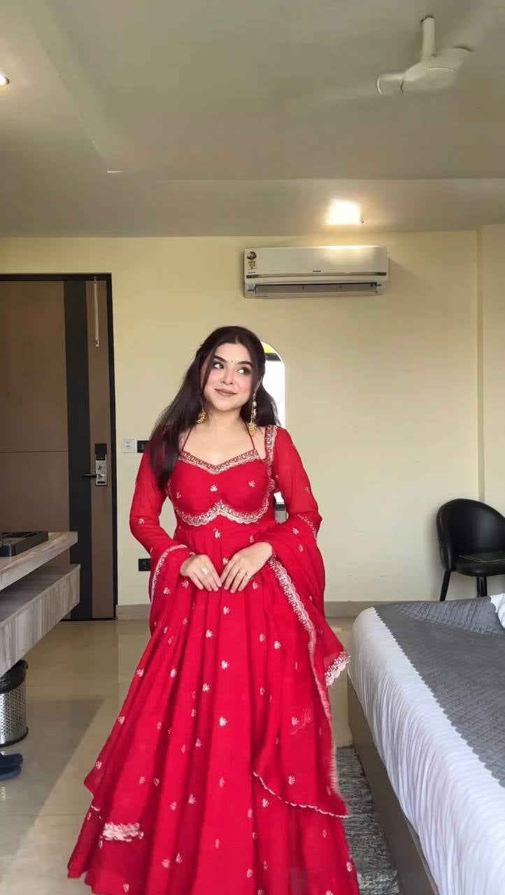 Womenline Ruby Red Embroidered Anarkali Gown with Dupatta