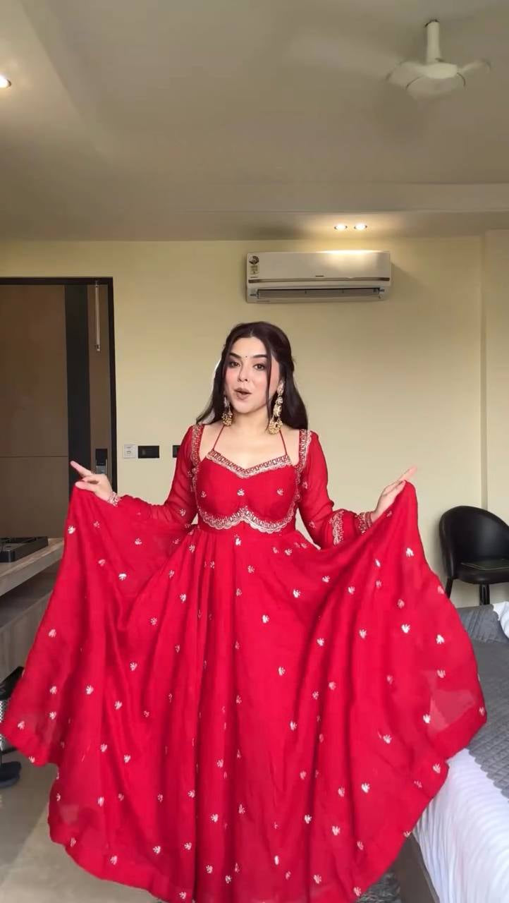 Womenline Ruby Red Embroidered Anarkali Gown with Dupatta