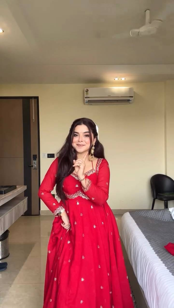 Womenline Ruby Red Embroidered Anarkali Gown with Dupatta