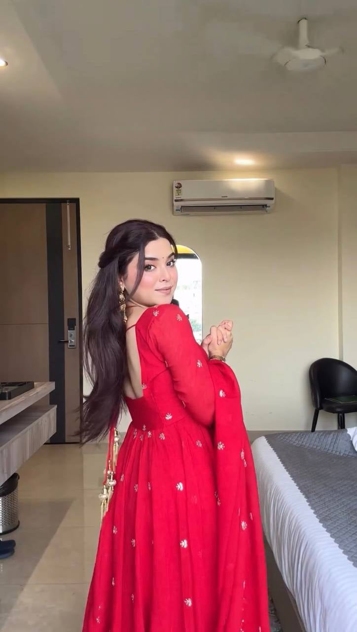 Womenline Ruby Red Embroidered Anarkali Gown with Dupatta