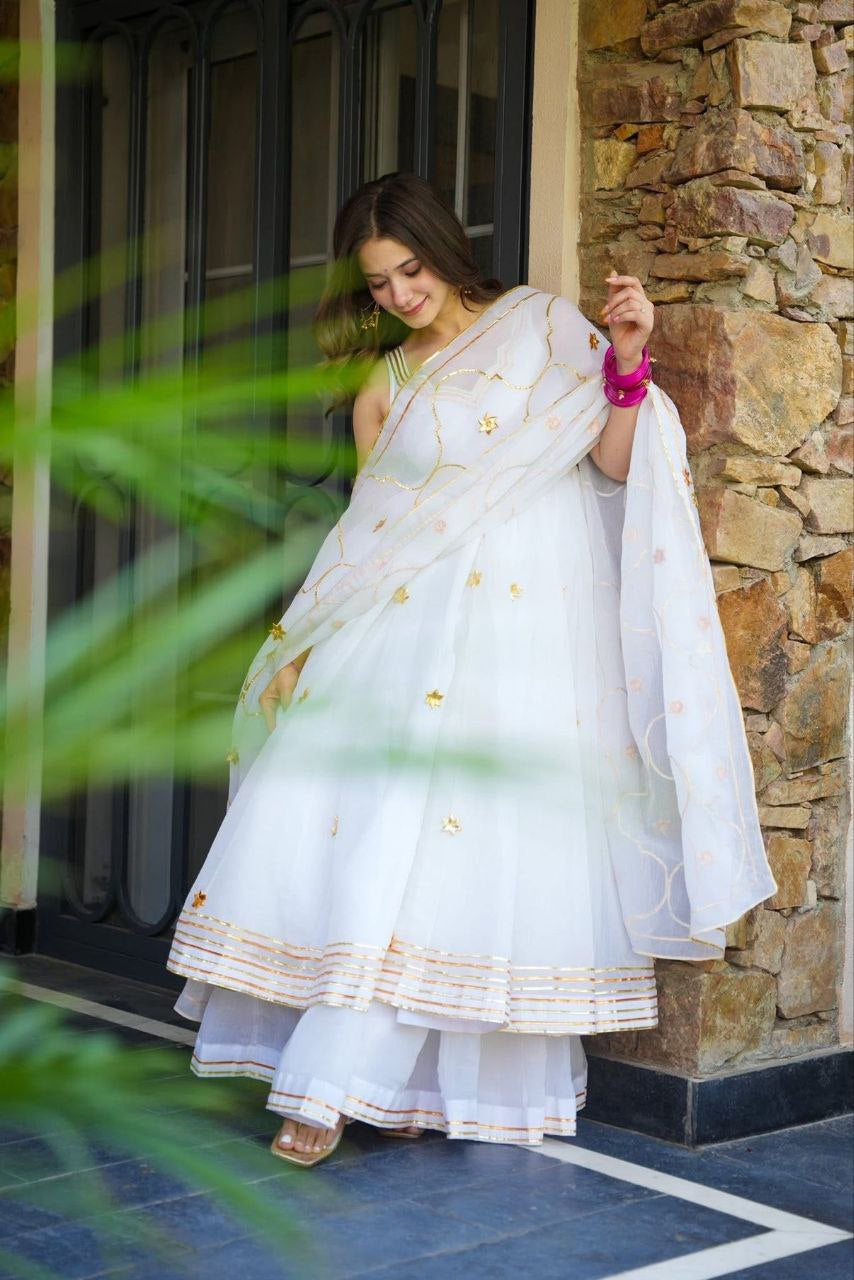 Womenline White Anarkali Sharara Set with Embroidered Organza Dupatta