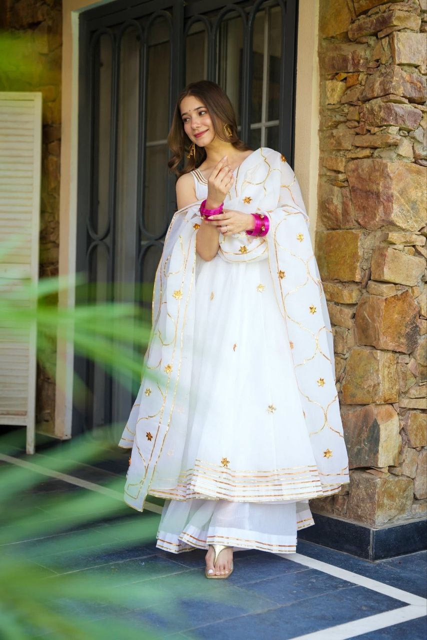 Womenline White Anarkali Sharara Set with Embroidered Organza Dupatta