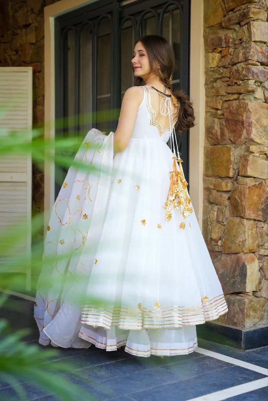 Womenline White Anarkali Sharara Set with Embroidered Organza Dupatta