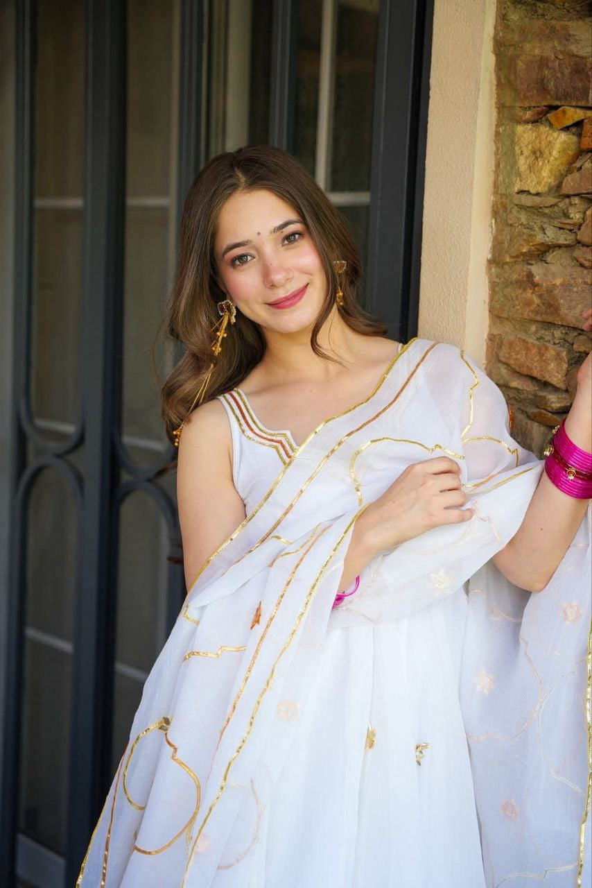 Womenline White Anarkali Sharara Set with Embroidered Organza Dupatta