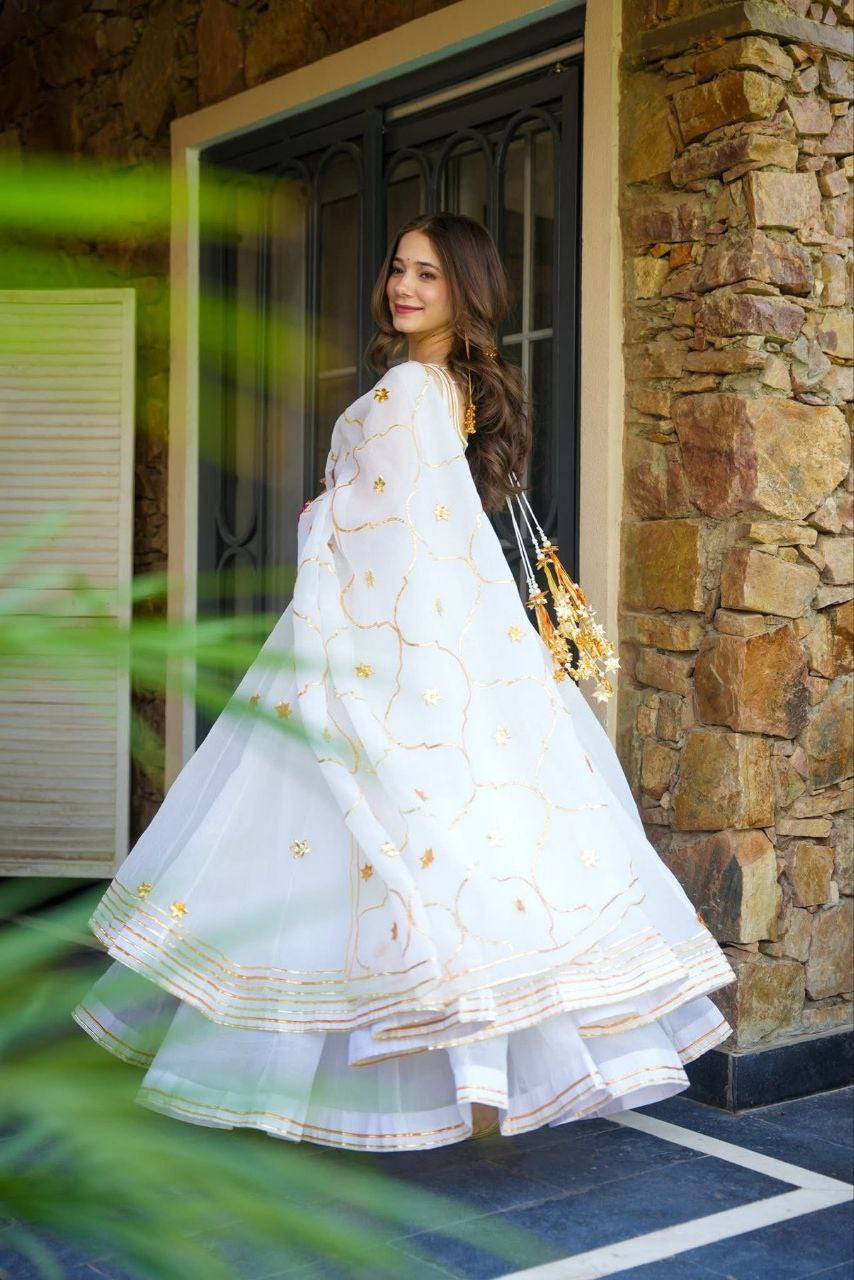 Womenline White Anarkali Sharara Set with Embroidered Organza Dupatta