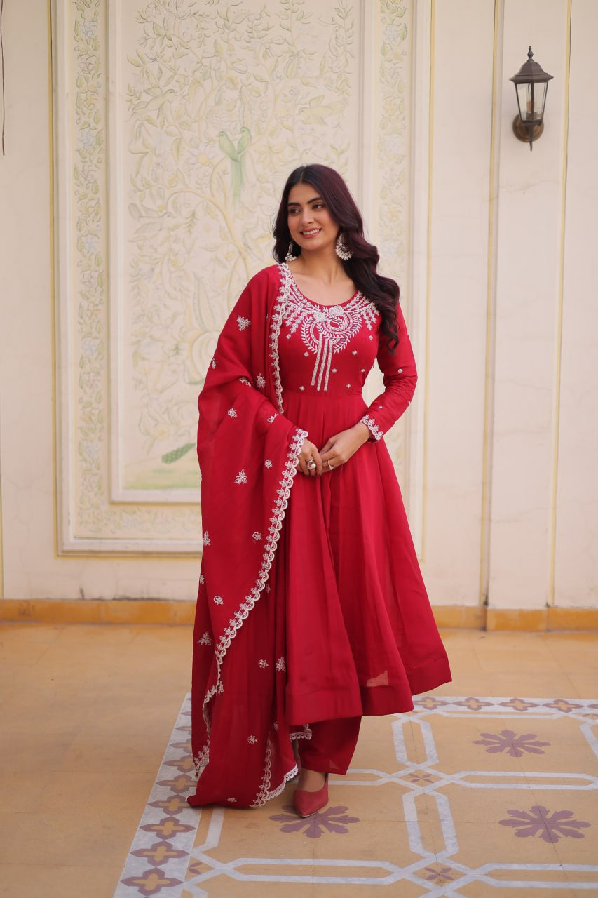 Womenline Red Embroidered Anarkali Suit Set with Dupatta