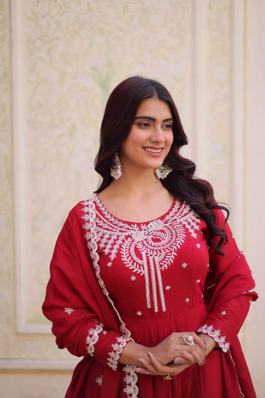 Womenline Red Embroidered Anarkali Suit Set with Dupatta