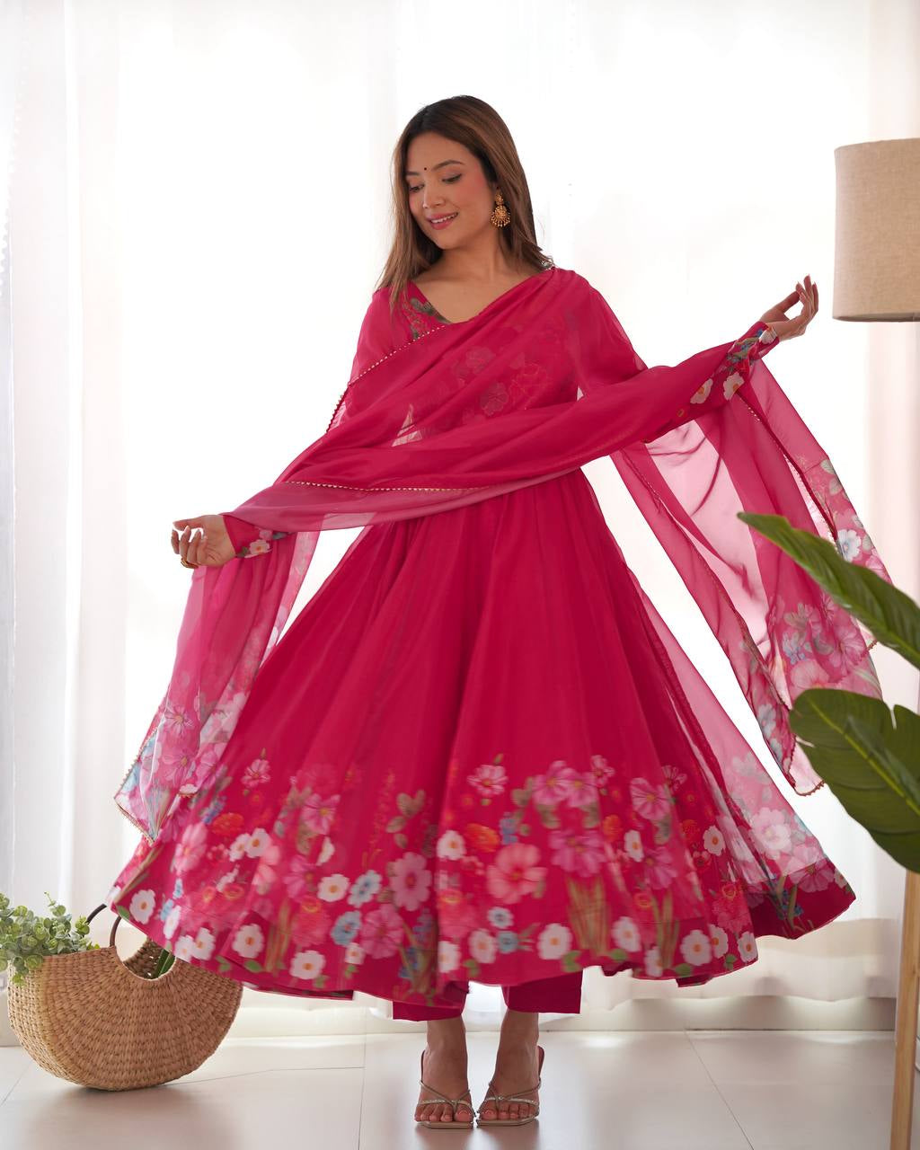 Womenline Rani Pink Color Floral Print Organza Three Piece Anarkali Suit