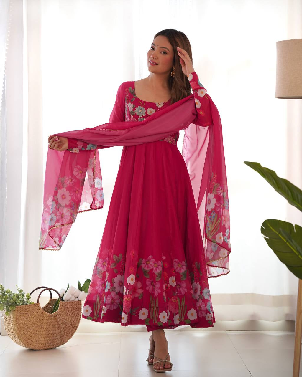 Womenline Rani Pink Color Floral Print Organza Three Piece Anarkali Suit