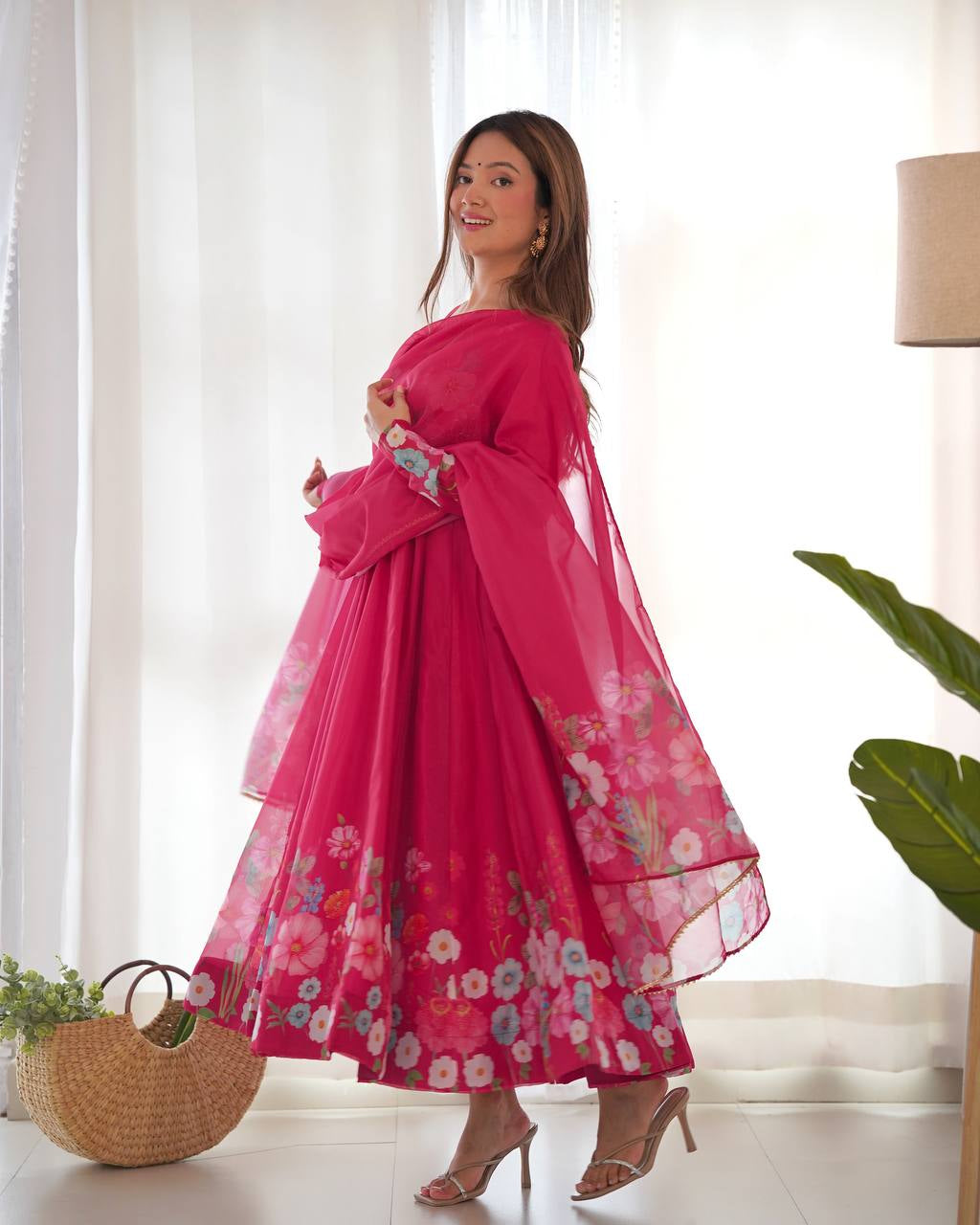 Womenline Rani Pink Color Floral Print Organza Three Piece Anarkali Suit