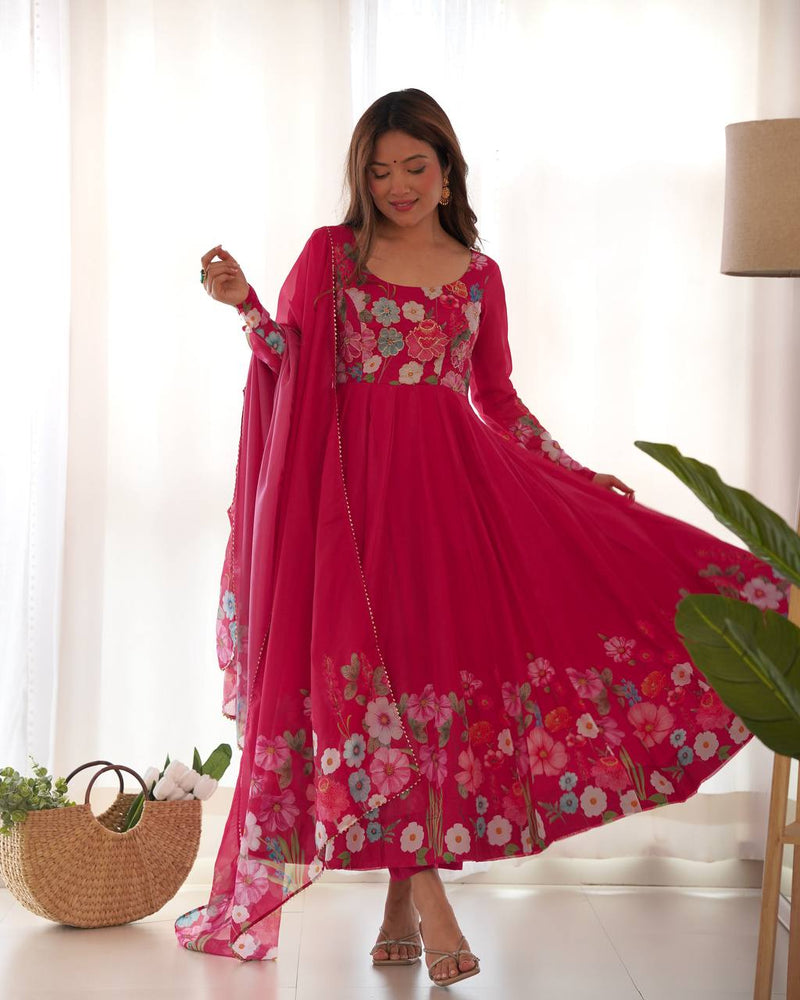 Womenline Rani Pink Color Floral Print Organza Three Piece Anarkali Suit