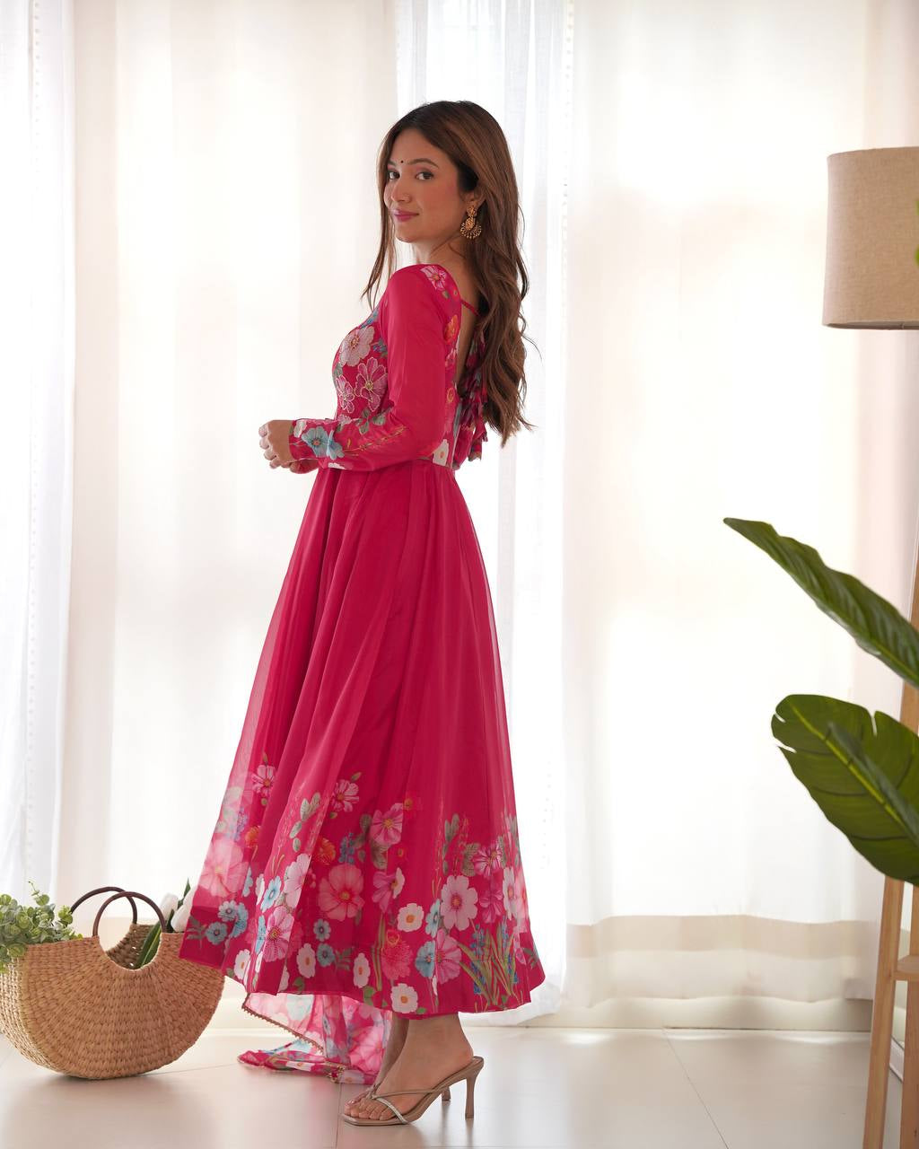 Womenline Rani Pink Color Floral Print Organza Three Piece Anarkali Suit