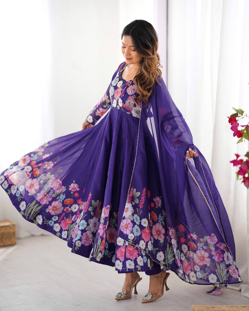 Womenline Purple Color Floral Print Organza Three Piece Anarkali Suit
