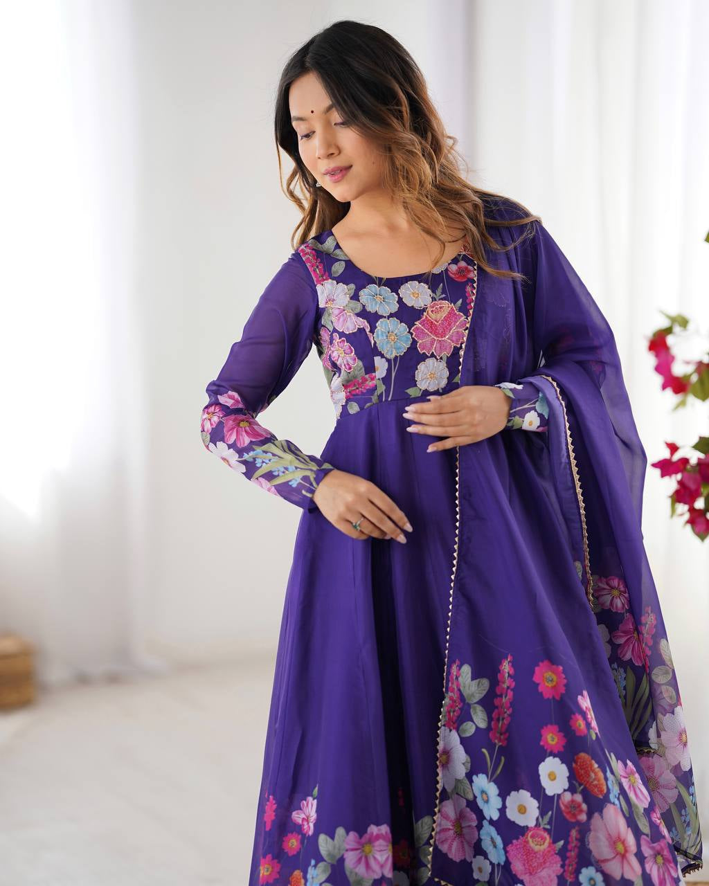 Womenline Purple Color Floral Print Organza Three Piece Anarkali Suit