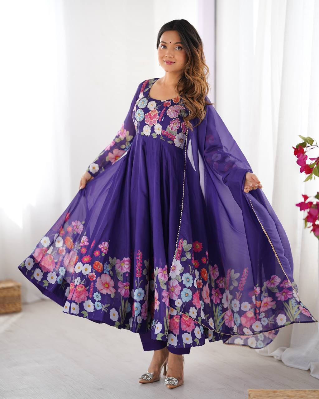 Womenline Purple Color Floral Print Organza Three Piece Anarkali Suit