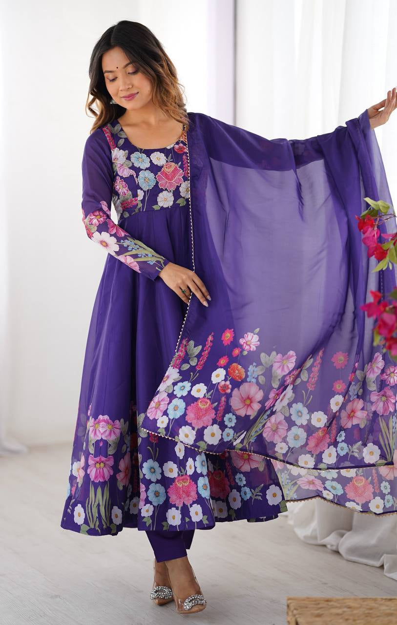 Womenline Purple Color Floral Print Organza Three Piece Anarkali Suit