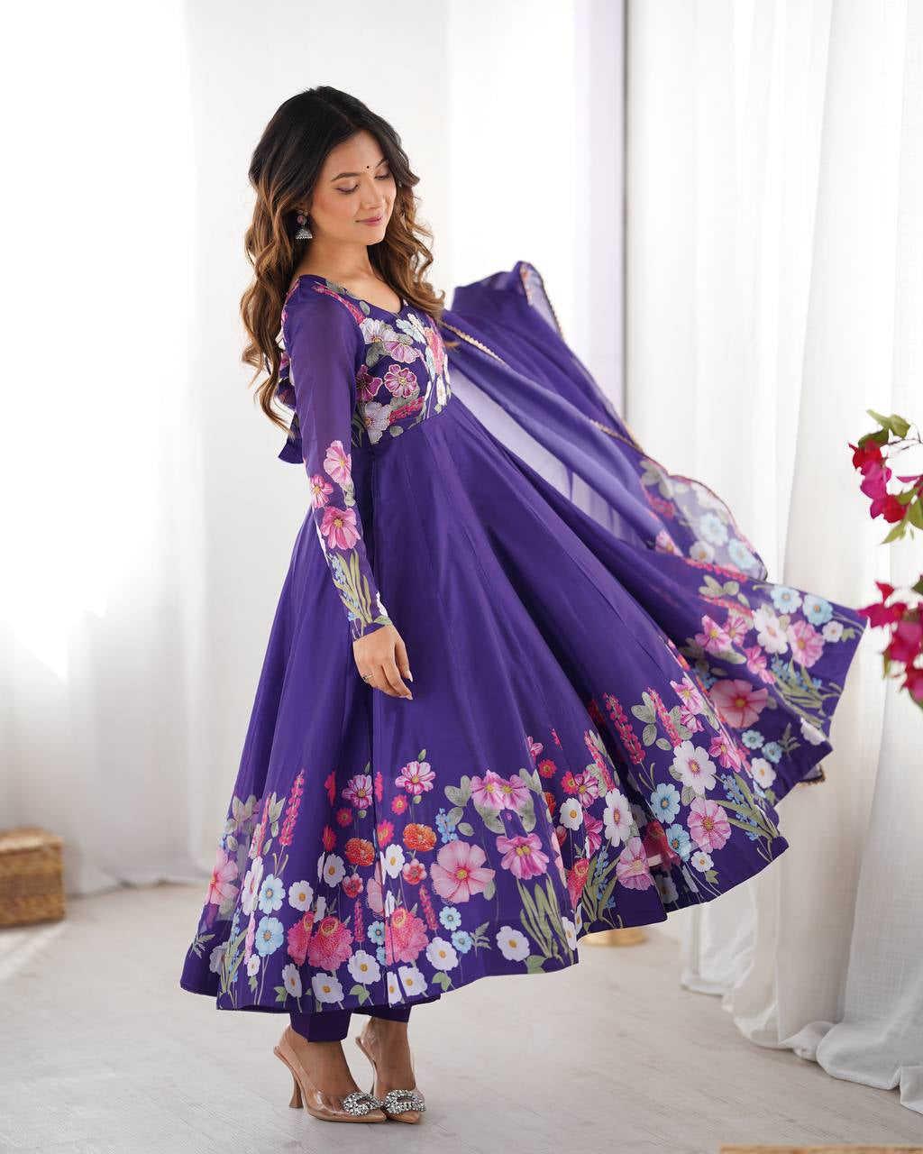 Womenline Purple Color Floral Print Organza Three Piece Anarkali Suit