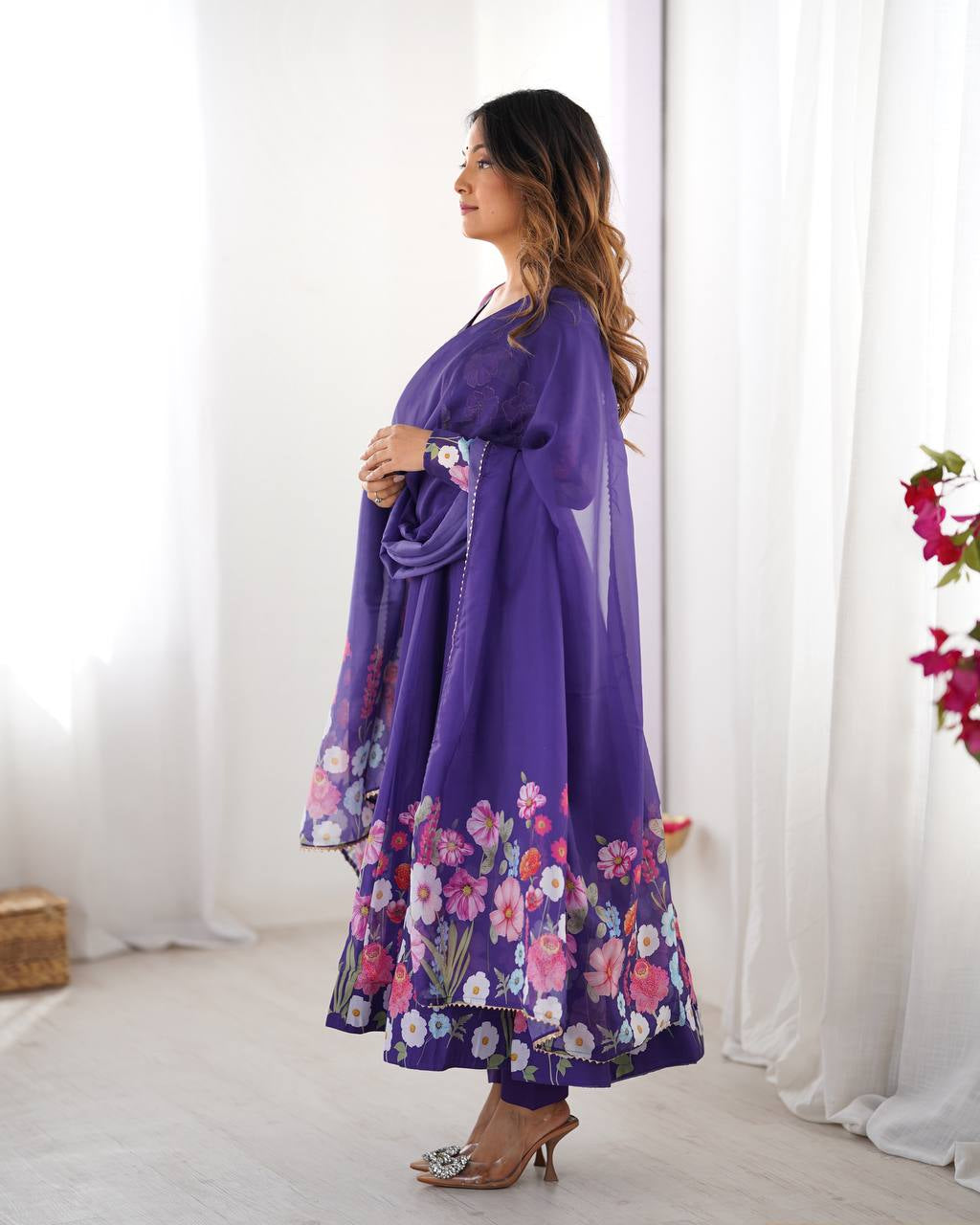 Womenline Purple Color Floral Print Organza Three Piece Anarkali Suit