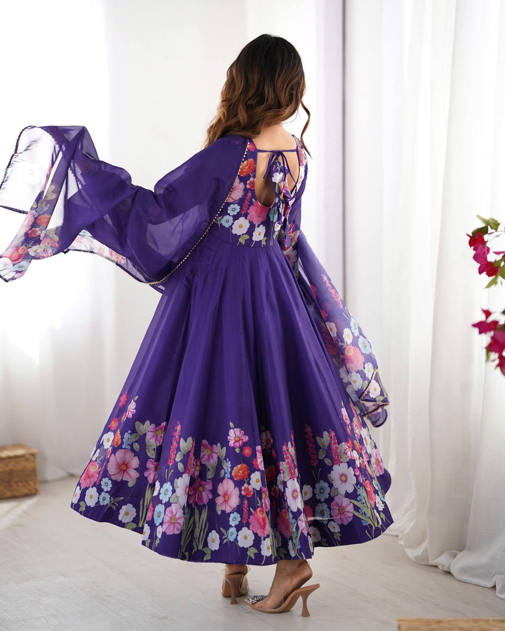 Womenline Purple Color Floral Print Organza Three Piece Anarkali Suit