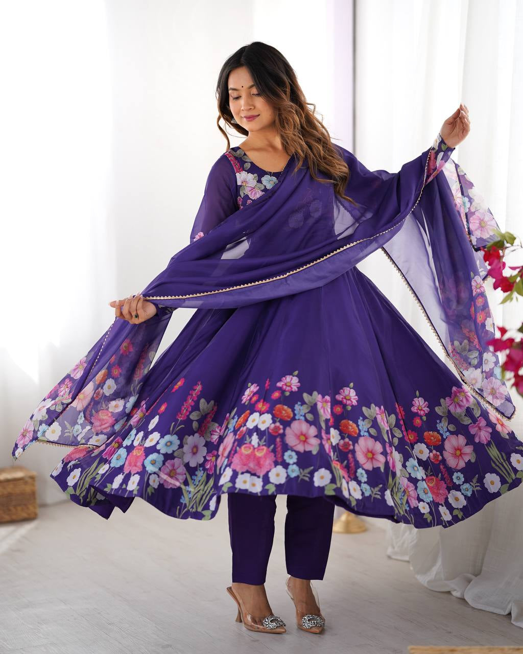 Womenline Purple Color Floral Print Organza Three Piece Anarkali Suit