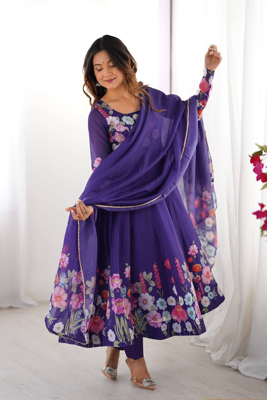 Womenline Purple Color Floral Print Organza Three Piece Anarkali Suit