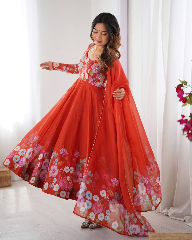 Womenline Rust Color Floral Print Organza Three Piece Anarkali Suit
