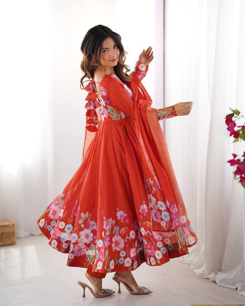Womenline Rust Color Floral Print Organza Three Piece Anarkali Suit