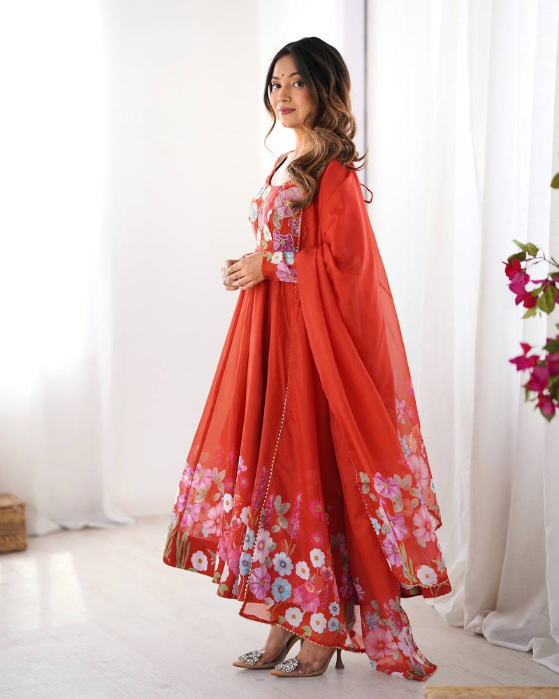 Womenline Rust Color Floral Print Organza Three Piece Anarkali Suit