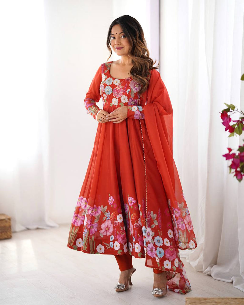 Womenline Rust Color Floral Print Organza Three Piece Anarkali Suit