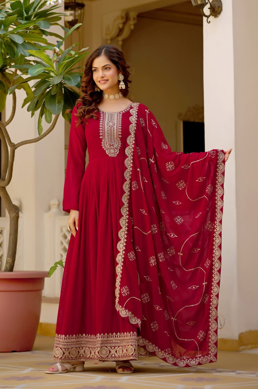 Womenline Royal Crimson Anarkali Suit Set with Embroidered Dupatta