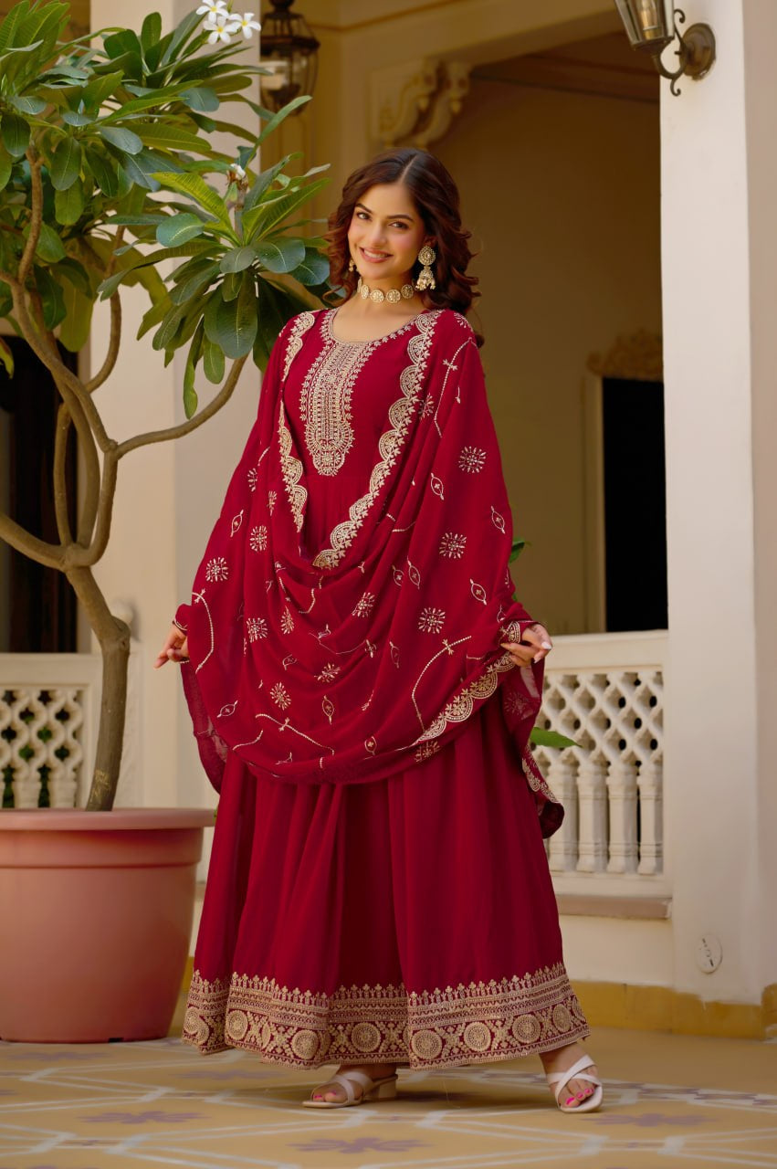 Womenline Royal Crimson Anarkali Suit Set with Embroidered Dupatta