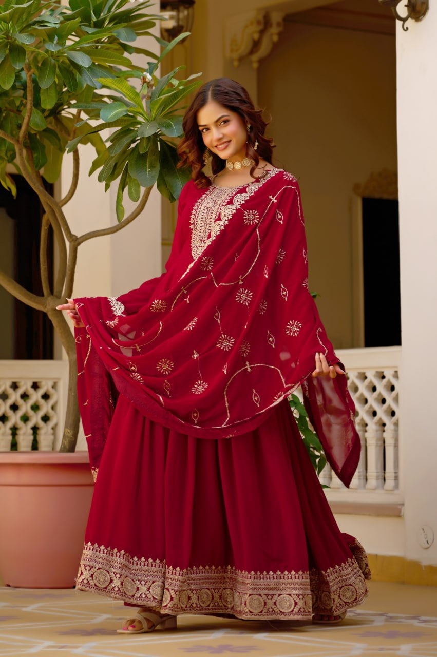 Womenline Royal Crimson Anarkali Suit Set with Embroidered Dupatta