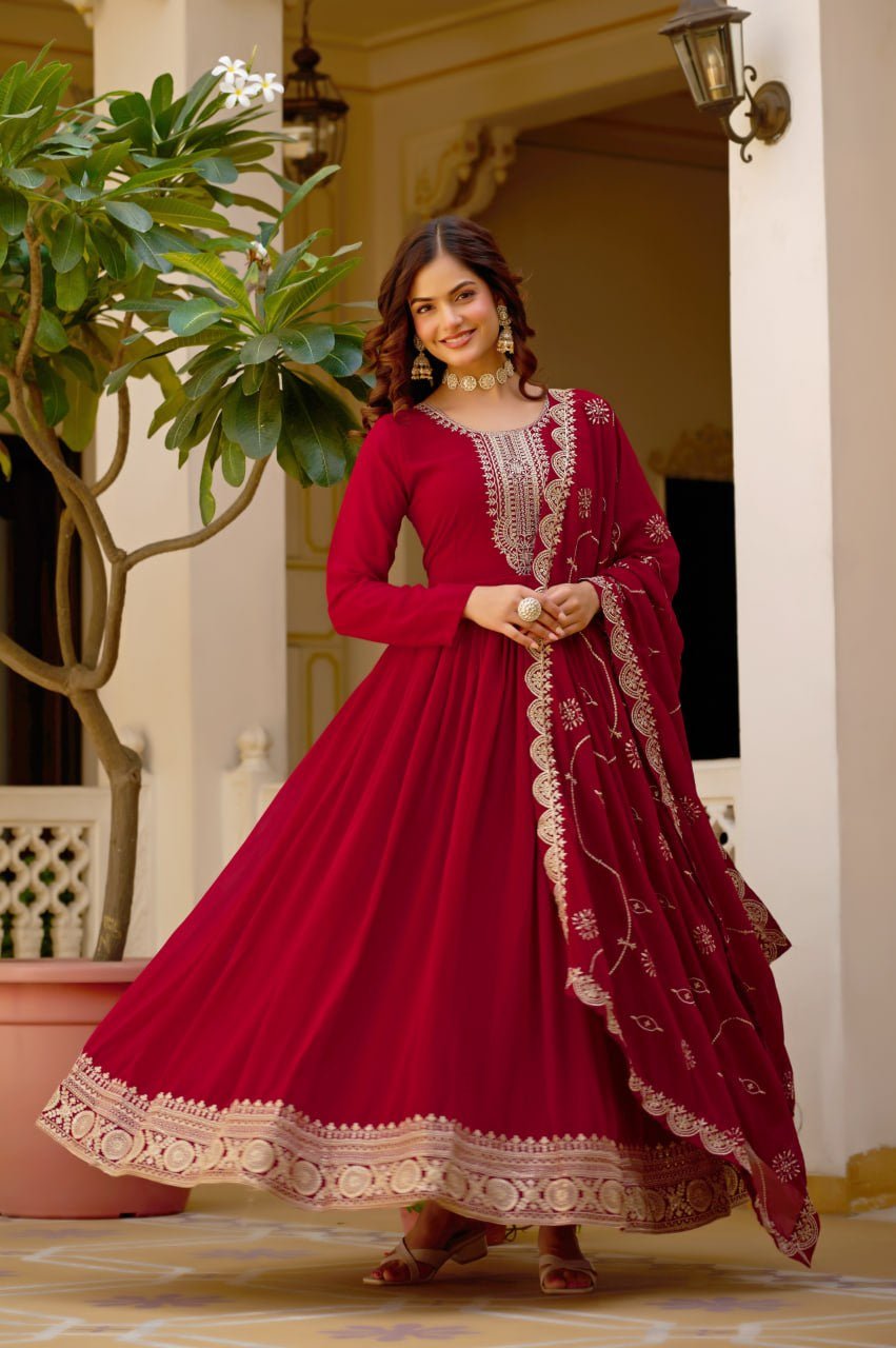 Womenline Royal Crimson Anarkali Suit Set with Embroidered Dupatta