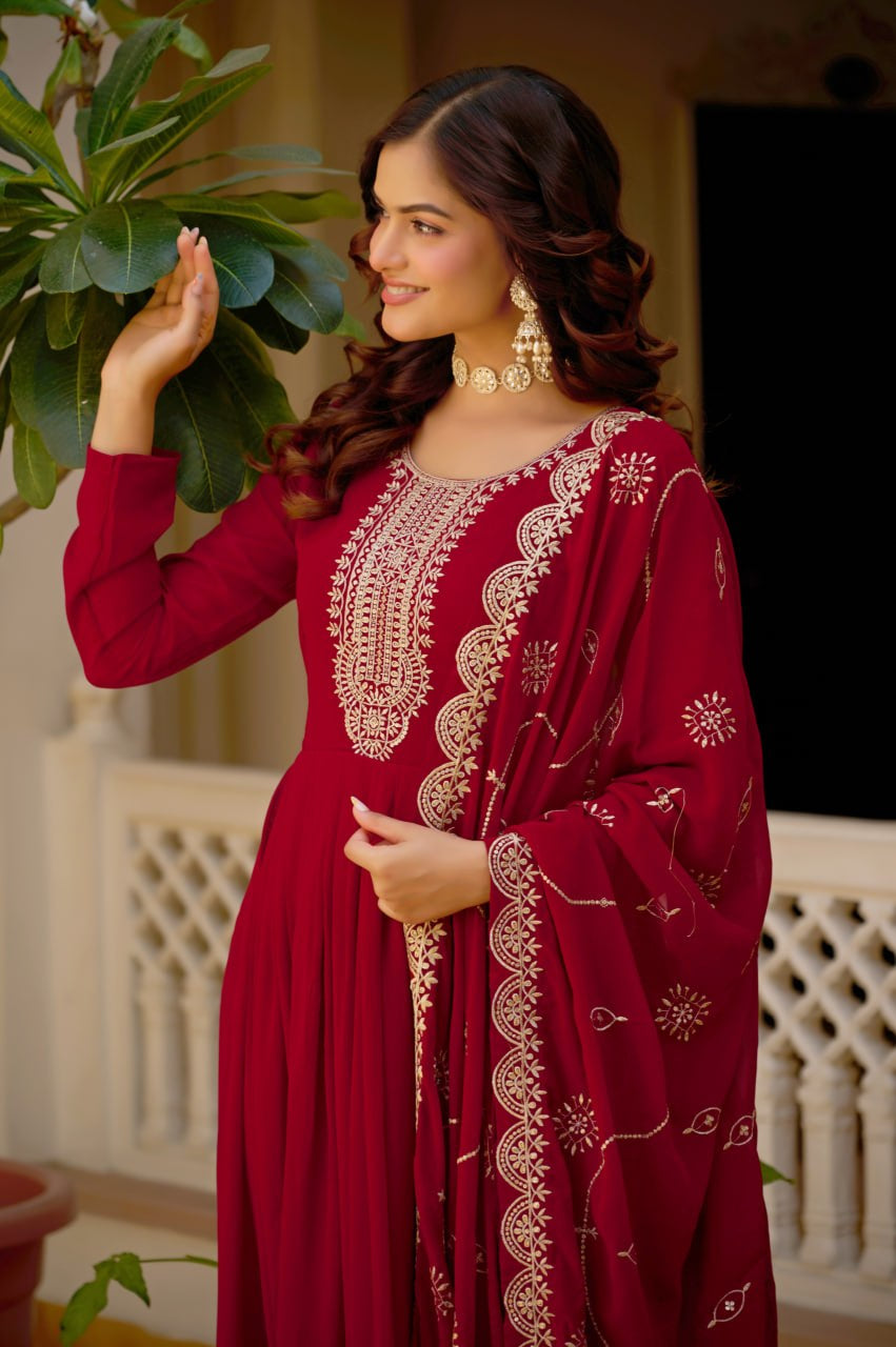 Womenline Royal Crimson Anarkali Suit Set with Embroidered Dupatta