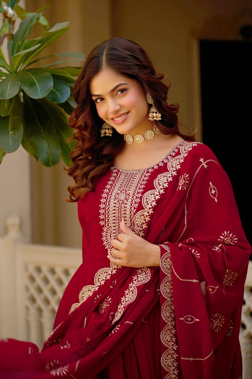 Womenline Royal Crimson Anarkali Suit Set with Embroidered Dupatta