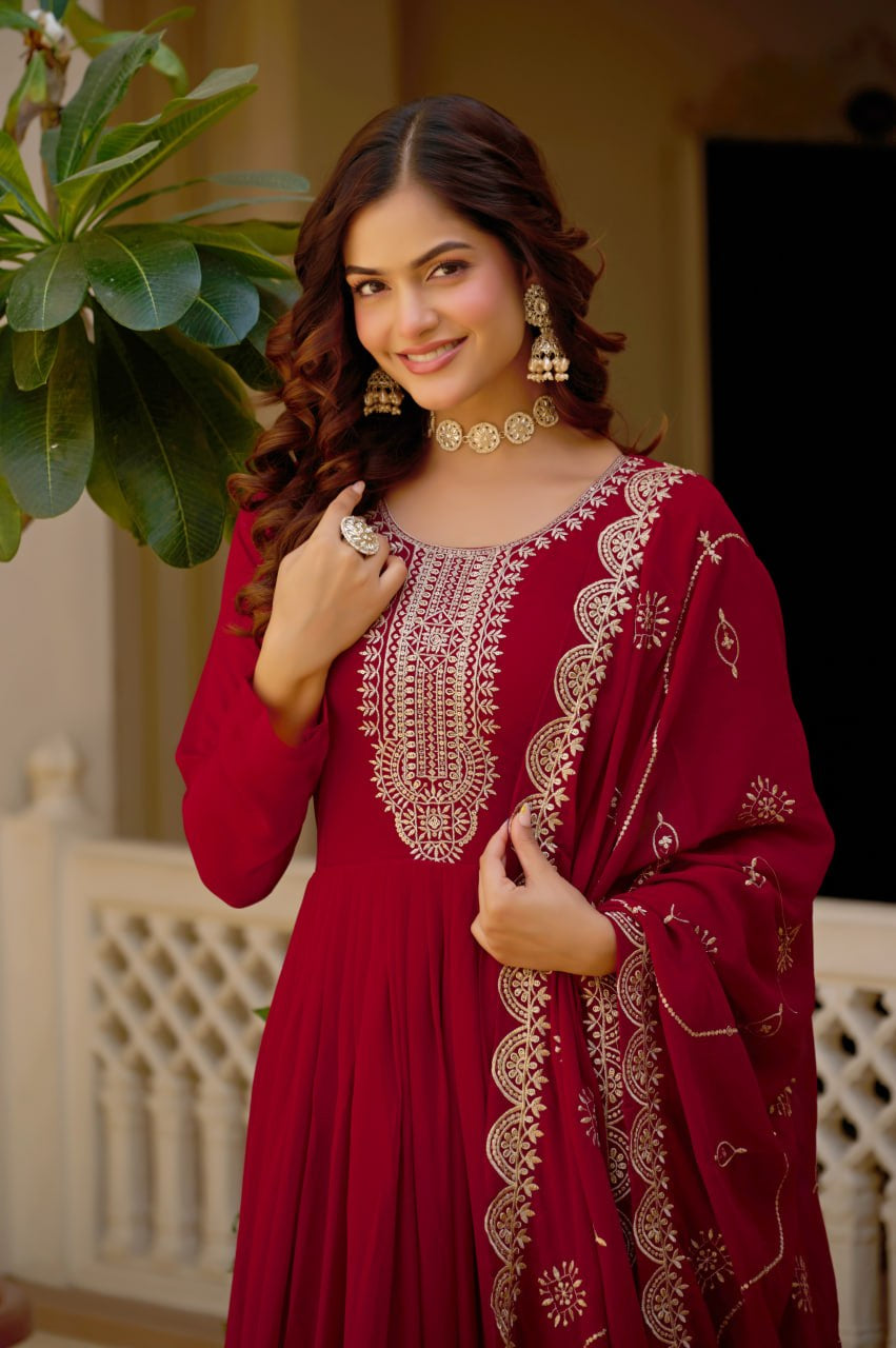Womenline Royal Crimson Anarkali Suit Set with Embroidered Dupatta