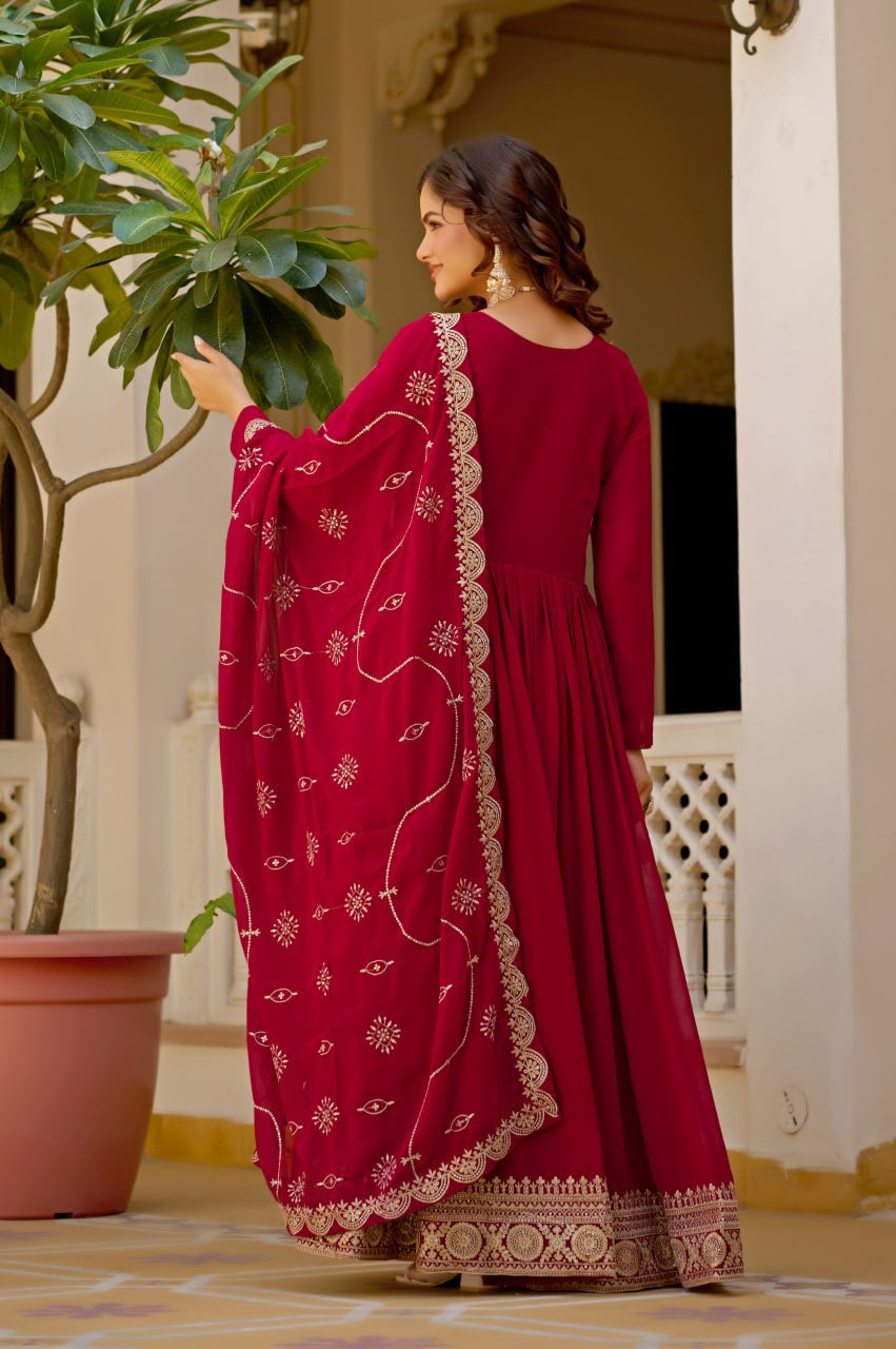 Womenline Royal Crimson Anarkali Suit Set with Embroidered Dupatta