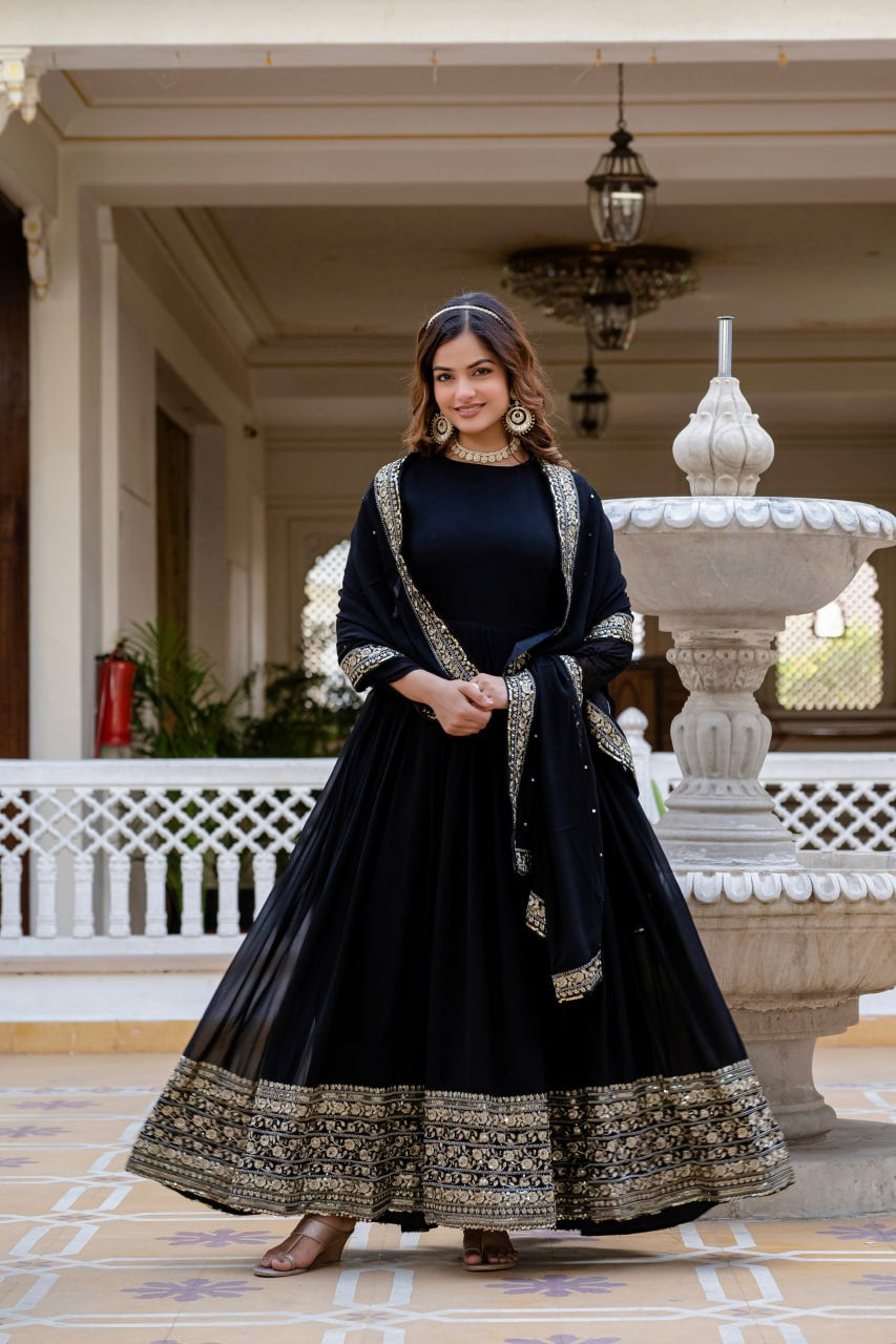 Wmenline Midnight Black Anarkali Gown Set with Zari Embroidered Dupatta