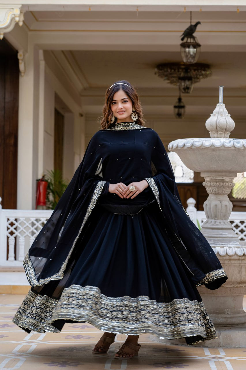 Wmenline Midnight Black Anarkali Gown Set with Zari Embroidered Dupatta