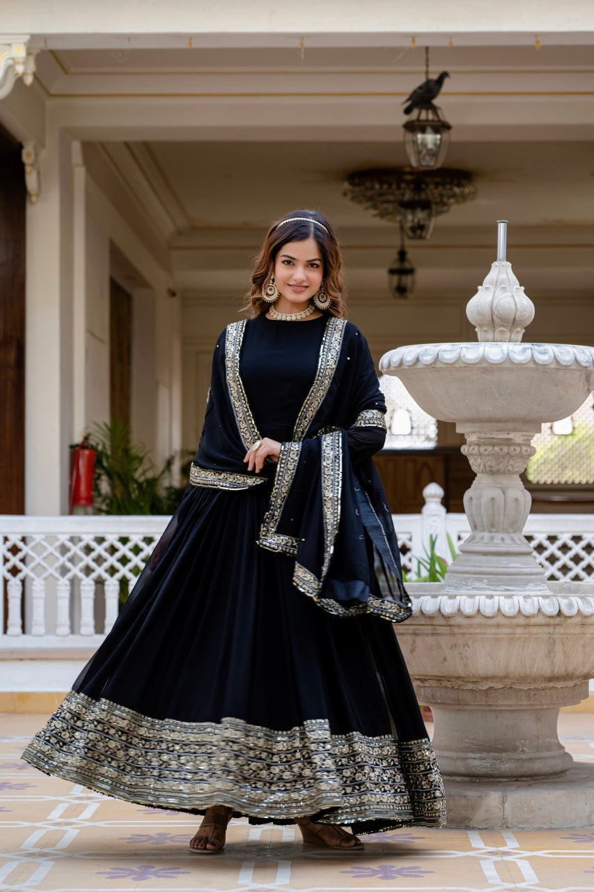 Wmenline Midnight Black Anarkali Gown Set with Zari Embroidered Dupatta