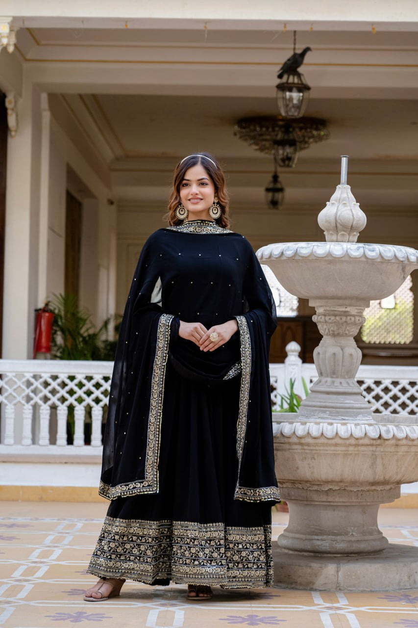 Wmenline Midnight Black Anarkali Gown Set with Zari Embroidered Dupatta