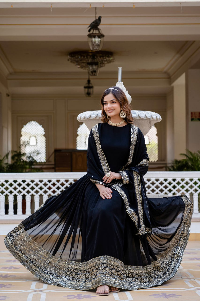 Wmenline Midnight Black Anarkali Gown Set with Zari Embroidered Dupatta