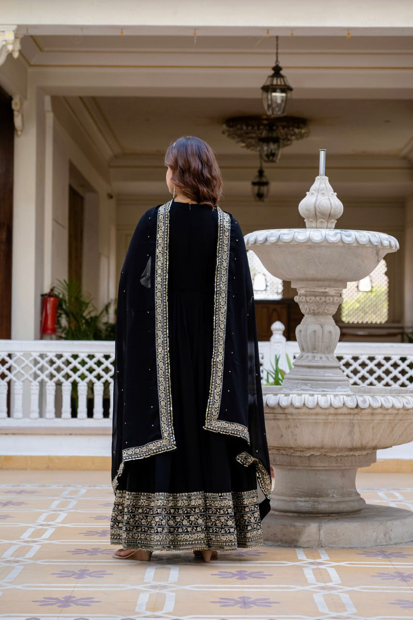 Wmenline Midnight Black Anarkali Gown Set with Zari Embroidered Dupatta