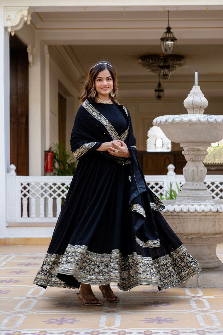 Wmenline Midnight Black Anarkali Gown Set with Zari Embroidered Dupatta
